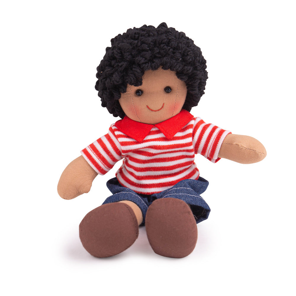 Otis Doll - Small, Otis Doll is ready to meet his new little best friend! Otis is a soft and cuddly ragdoll dressed in an adorable outfit. Otis has curly hair and wears his very own Bigjigs Toys denim shorts and a red striped polo shirt. Otis Doll’s soft material makes him the perfect toddler doll as he’s small (only 28cm tall) and gentle on busy little hands. Otis the ragdoll can easily fit into bags, prams, cots, beds and cars so can be taken anywhere at any time! If your little one has a passion for fash