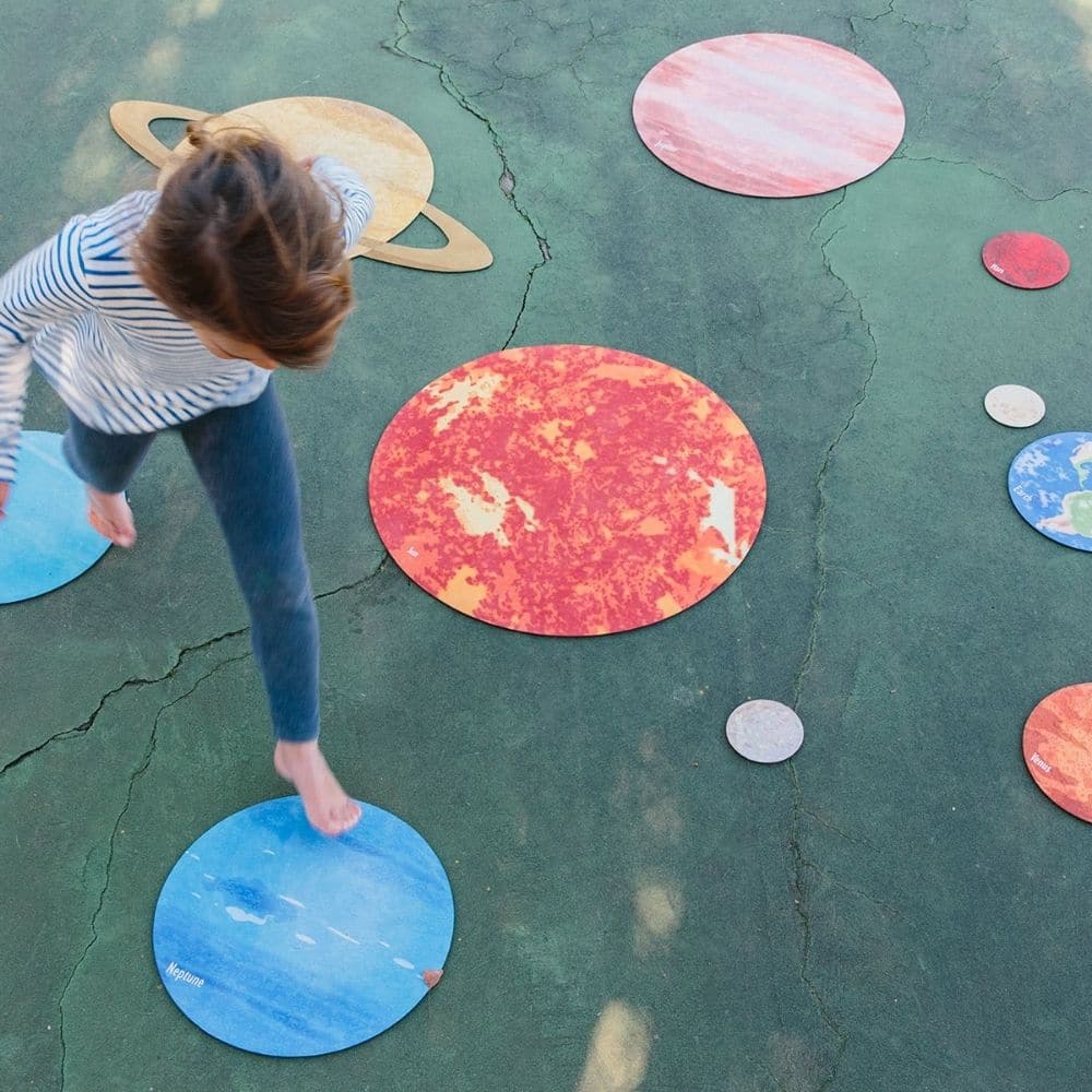 Our Solar System Mats, Whizz around the Solar system (from the safety of your backyard or home) with this set of thick rubber backed non-slip mats. Our Solar System Mats includes the eight planets, the Moon and the Sun so you can recreate the solar system. The Solar System Mats set consists of the Sun and Moon, as well as Mercury, Venus, Earth, Mars, Jupiter, Saturn, Uranus, Neptune with all planets featured in scaled sizes for realistic learning through play experience. Each piece is conveniently labelled 