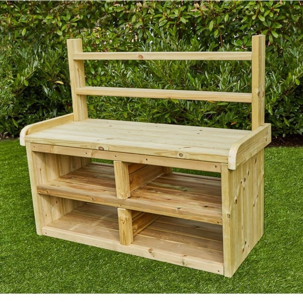 Outdoor Builders Workbench, This versatile Outdoor Builders Workbench is a brilliant resource for construction play. It has handy shelves and compartments to store all of your loose parts, however, they are still easy to access to allow for continuous provision and child-led play. The large work surface is ideal for working in groups and developing communication and language. Made from FSC sustainable timber, treated against rot so is suitable to be left outdoors Timber: 10 year guarantee again wood rot and