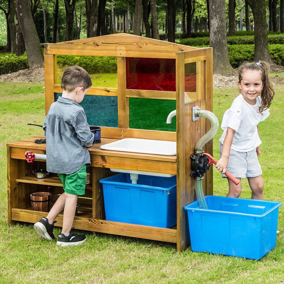 Outdoor Coloured Takeaway Kitchen, Inspire collaboration and messy play with our amazing Outdoor Coloured Takeaway Kitchen. With its water pump and colourful windows, it’s the perfect addition to your outdoor equipment Product specifications: Size: L 120 x W 45.3 x H 120.8 cm Made from solid pine wood Unit is safe to be left outside Some assembly is required Blue and white tubs are included with this item Age: Suitable for 3+ years Delivery time: 7 to 14 days, Outdoor Coloured Takeaway Kitchen,Outdoor play,