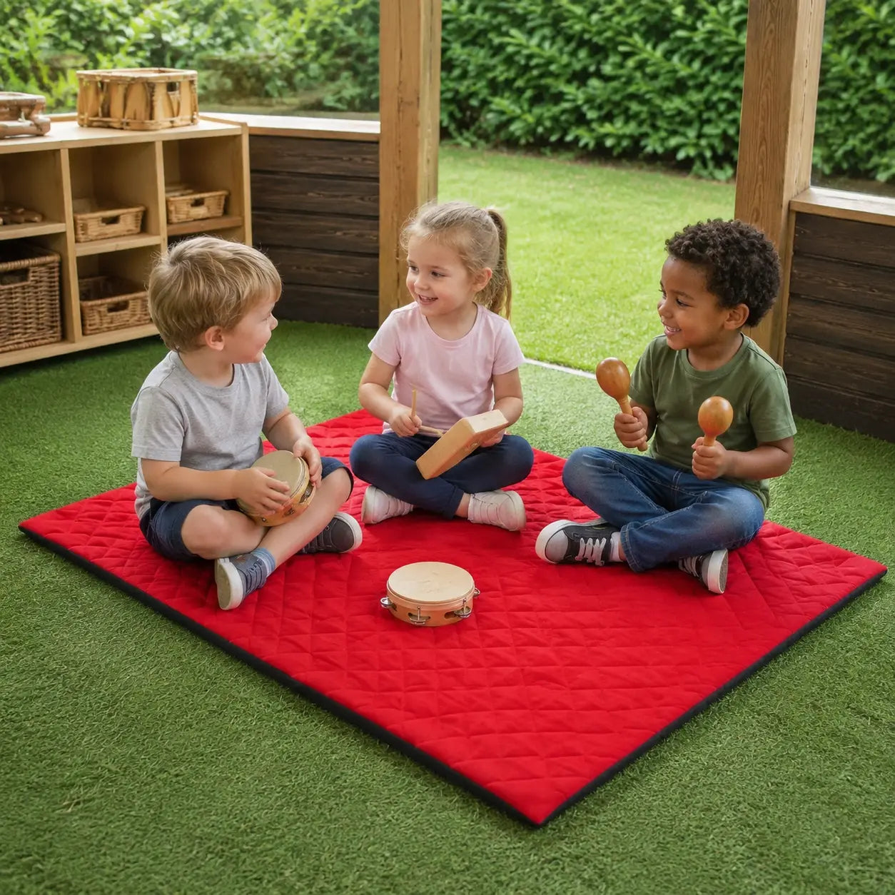 Outdoor Corner Mat music activity in a covered outdoor classroom