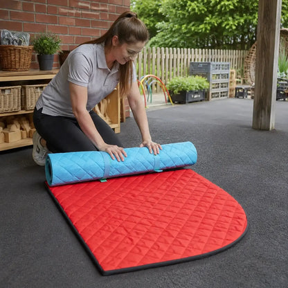 Outdoor Corner Mat roll-away storage demonstration in an outdoor nursery