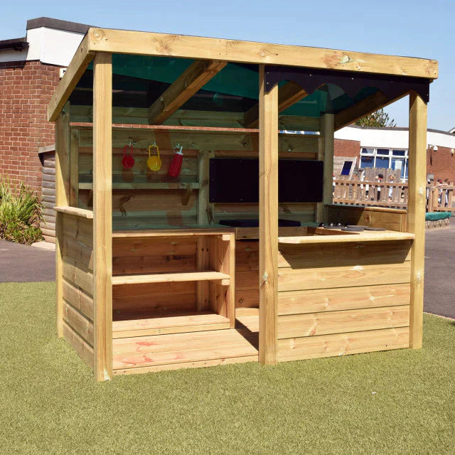 Outdoor Creative Cooking Station, The Outdoor Creative Cooking Station is a versatile and engaging resource for children looking to cook and play all day. Designed for both fun and education, this product offers endless opportunities for creativity on the playground. With a dedicated kitchen space for cooking up mud pies and encouraging messy play, as well as a shop front window to serve these delectable treats, children can fully immerse themselves in role play activities. In addition, the colored lexan ro