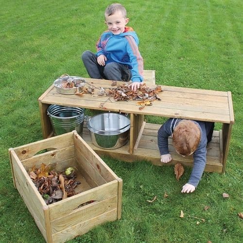 Outdoor Discovery Bench and Crates, The Outdoor Discovery Bench and Crates is such a simple idea, but so versatile. This space saving set is the ultimate in open ended practical play and storage equipment. Use the bench for seating, as a table or a base for construction, and the nesting crates (Crates slide under the bench) are perfect as individual seats, building blocks or storage for outdoor treasures. The Outdoor Discovery Bench and Crates set includes 1 bench and 2 crates. Made from pressure treated ti