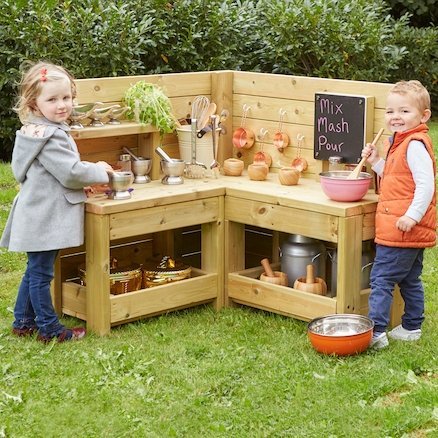 Outdoor Economy Corner Kitchen, The Outdoor Economy Corner Kitchen is a quality, affordable kitchen, ideal for use in a variety of messy play and role play scenarios. The Outdoor Economy Corner Kitchen has large bench space enables collaborative play. Featuring a removable sink, a handy shelf to store your ingredients and hooks to hang your utensils. Use the chalkboard for mark making or creating your menus. A truly versatile resource. Made from Scandinavian Redwood, which has a 10 year guarantee against ro