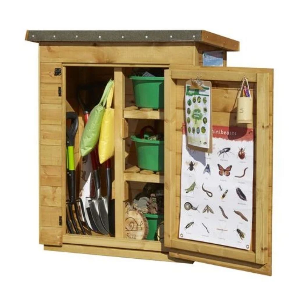 Outdoor Explorer Shed, The Outdoor Explorer Shed is an outdoor shed at the perfect height for children to access. The Outdoor Explorer Shed provides a great storage option with three small shelves for smaller items, the other side could be used for your spades and shovels. Contents and padlock not included. Self assembly required. Dimensions: 120(H) x 960(W) x 710mm(D), Outdoor Explorer Shed,Outdoor play,outdoor wooden play equipment,outdoor wooden play shop,outdoor wooden play,EYFS, The Outdoor Explorer Sh