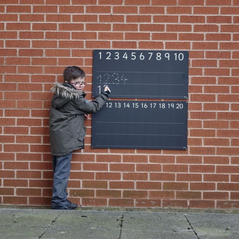 Outdoor-Indoor Lined Number Chalkboard, Make learning count! Practise makes perfect with the Outdoor/Indoor Lined Number Chalkboard from Hope Education. This resource is ideal for developing pupil’s numeral recognition, early counting skills and number formation up to 20. Perfect for use either indoors or outdoors, this brilliant board does it all. The Outdoor/Indoor Lined Number Chalkboard is printed across 2 sturdy, durable blackboards, displaying each number from 1 to 20 as well as blank lines for writin