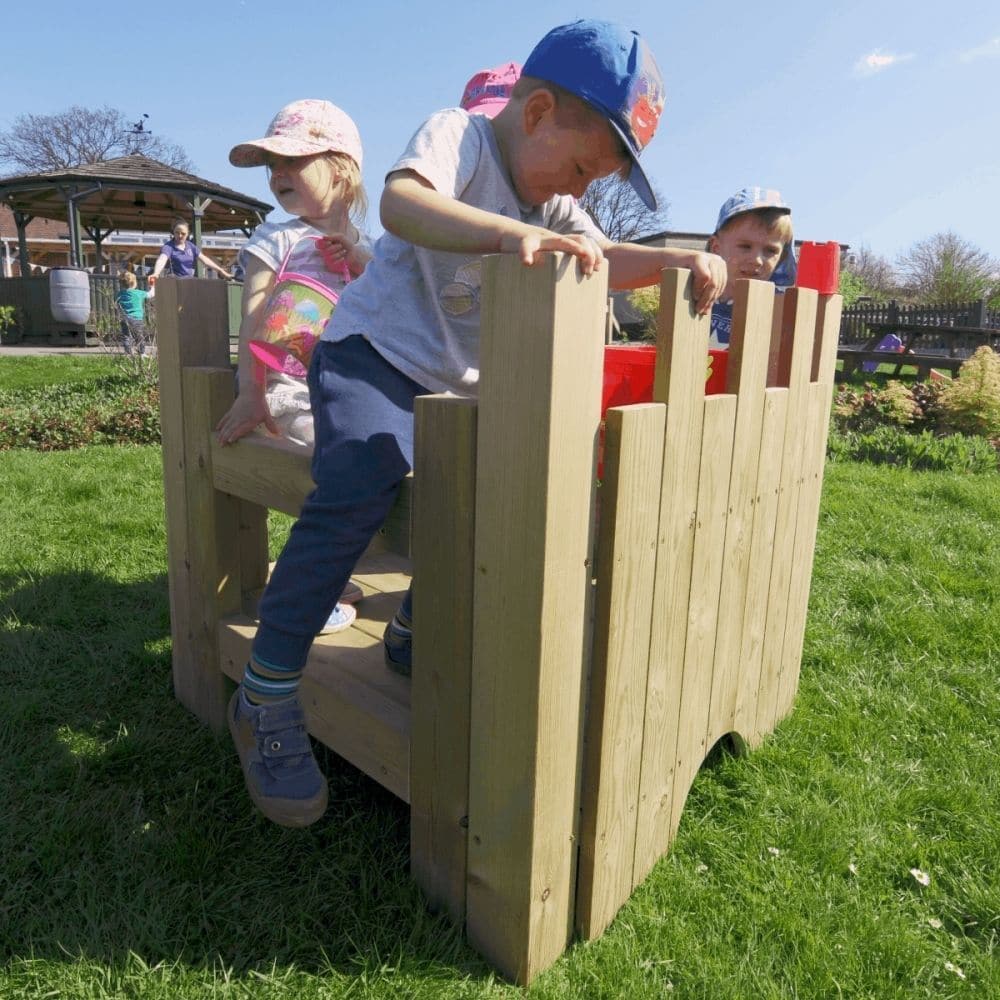 Outdoor Magical Castle, The Outdoor Magical Castle is a great place for children to meet and play with all their toys. It includes multiple levels and a drawbridge, allowing groups of children to play at once. During play, not only will the children have fun, they will develop the ability to share whilst using their imagination. Watch them create their very own stories within the castle walls! Another benefit is that it can be used indoors or outdoors, depending on the weather. Please note the accessories a