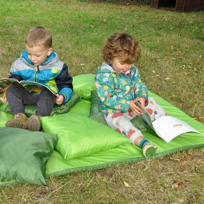 Outdoor Mat and Cushion Set, A lovely set of Nature cushions to brighten up any sensory corner or reading corner. A practical and stylish solution for brightening up your cosy areas, reading corners or sofas and children will love the delightful spring themed cushions. This range of stunning nature cushions are designed and manufactured in the UK. They provide soft, comfort and are ideal for classrooms, nurseries, reading corners and libraries. Stylish and practical these Nature cushions are a great additio