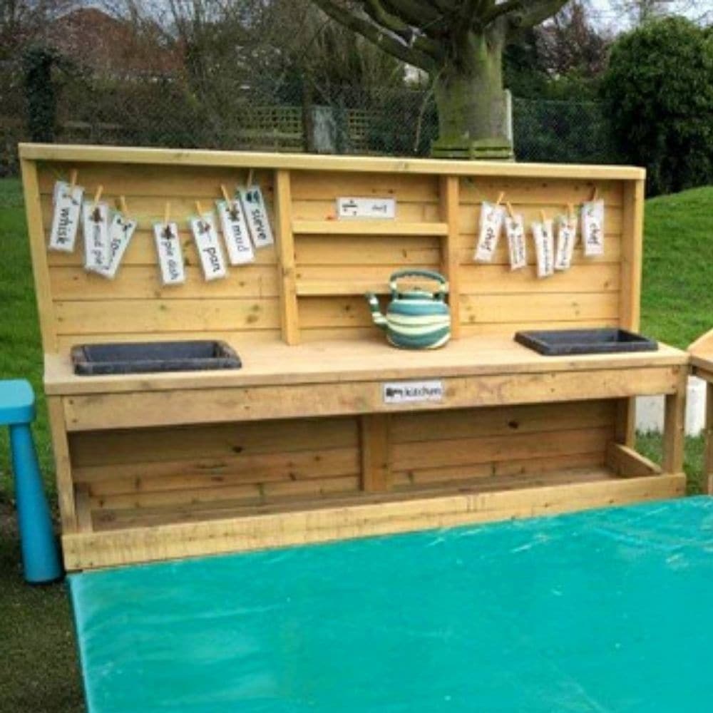 Outdoor Messy Play Station, The Outdoor Messy Play Station is a hard-wearing, robust unit designed for outdoor messy play. The Outdoor Messy Play Station features two tubs, central shelves and two large areas for storage underneath. The Outdoor Messy Play Station is the perfect space for children to experiment with their own mixtures and creations. Large bench area allows for collaborative play. This sturdy, versatile unit will make a fantastic feature for your outdoor area and will ignite activities on mix
