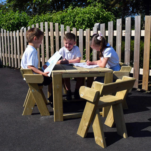 Outdoor Midi Table and Chairs for Children, Introducing the Outdoor Midi Table and Chairs, the essential outdoor seating solution for all EYFS (Early Years Foundation Stage) environments! This Outdoor Midi Table and Chairs Set is designed to accommodate up to four children, providing them with a comfortable and functional space to enjoy their lunch and engage in learning activities outdoors. Built with durability in mind, this robust set features a square shape, allowing teachers to make the most of this re
