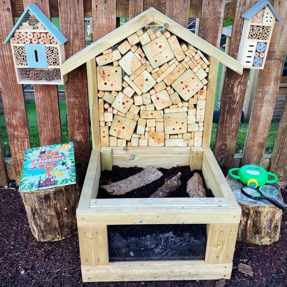 Outdoor Mini Bug Hotel, Wooden, Outdoor Insect Hotel – Ready for check-in! The Outdoor Mini Bug Hotel offers children great learning opportunities, including learning about the natural environment. Fill the front compartment with soil to grow plants and watch the bugs check-in. The Outdoor Mini Bug Hotel is suitable for primary and nursery children, this fantastic, learning resource will keep your little critters entertained for hours! Made from FSC Pressure Treated Redwood Timber. Delivery 3-4 weeks Delive