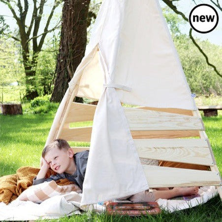 Outdoor Teepee Tent, Introducing our Outdoor Teepee Tent, the ultimate playtime haven for true fans of the outdoors! Crafted with robust wood and waterproof tent fabric, this spacious play tent offers young adventurers a safe and sheltered space to unleash their creativity in the garden. Designed to withstand even the wilds of play, this modern outdoor tent features a sophisticated twisting pole construction and a solid wooden base, guaranteeing stability and durability. No matter how adventurous the playti