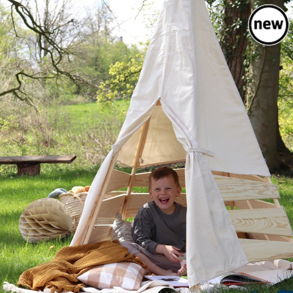Outdoor Teepee Tent, Introducing our Outdoor Teepee Tent, the ultimate playtime haven for true fans of the outdoors! Crafted with robust wood and waterproof tent fabric, this spacious play tent offers young adventurers a safe and sheltered space to unleash their creativity in the garden. Designed to withstand even the wilds of play, this modern outdoor tent features a sophisticated twisting pole construction and a solid wooden base, guaranteeing stability and durability. No matter how adventurous the playti