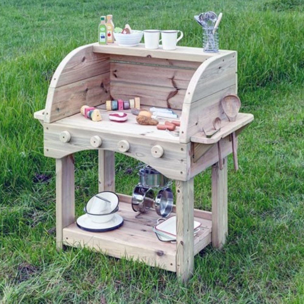 Outdoor Wooden BBQ, Children can enjoy creating an exciting role play scenario with this product. Whatever the weather, budding young chefs can still cook up a storm with this Cooker, designed especially for outdoor play! The Outdoor Cooker is made from pine wood and treated with non-toxic preservative to maintain its pristine appearance throughout the year. The Outdoor Wooden BBQ has a natural look which ensures it fits in beautifully with the environment. Encourages creative and imaginative role play. A g