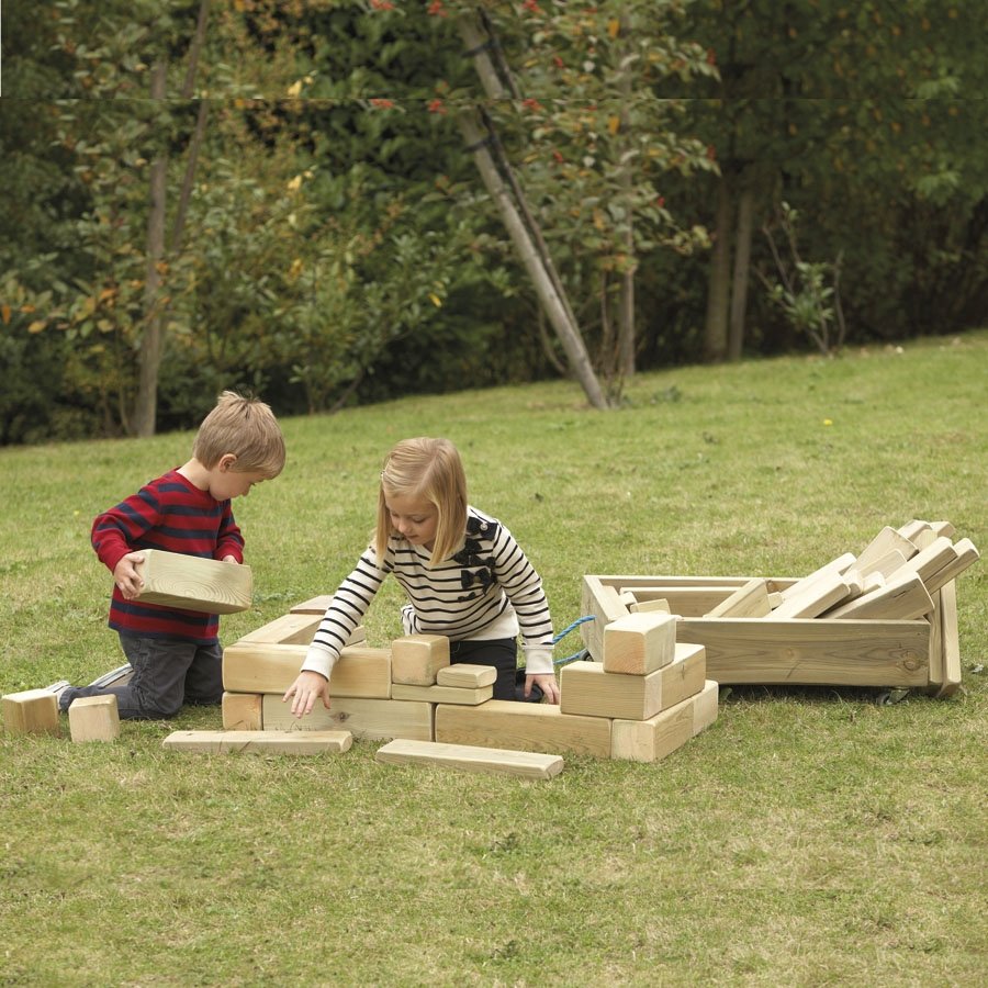Outdoor Wooden Blocks and Cart 40pcs, The Outdoor Wooden Blocks and Cart 40pcs set is a chunky cart brimming with beautifully finished blocks. Each piece is carefully smoothed for a lovely appearance and texture. Blocks vary in size. The Outdoor Wooden Blocks and Cart is ideal for outdoor construction and role play. There are 40 pieces so a variety of walls, castles, houses etc can be constructed. Wood is treated for longevity Product Content: Cart measures W47 x L70cm Pack size:40 Suitable for Children 10 