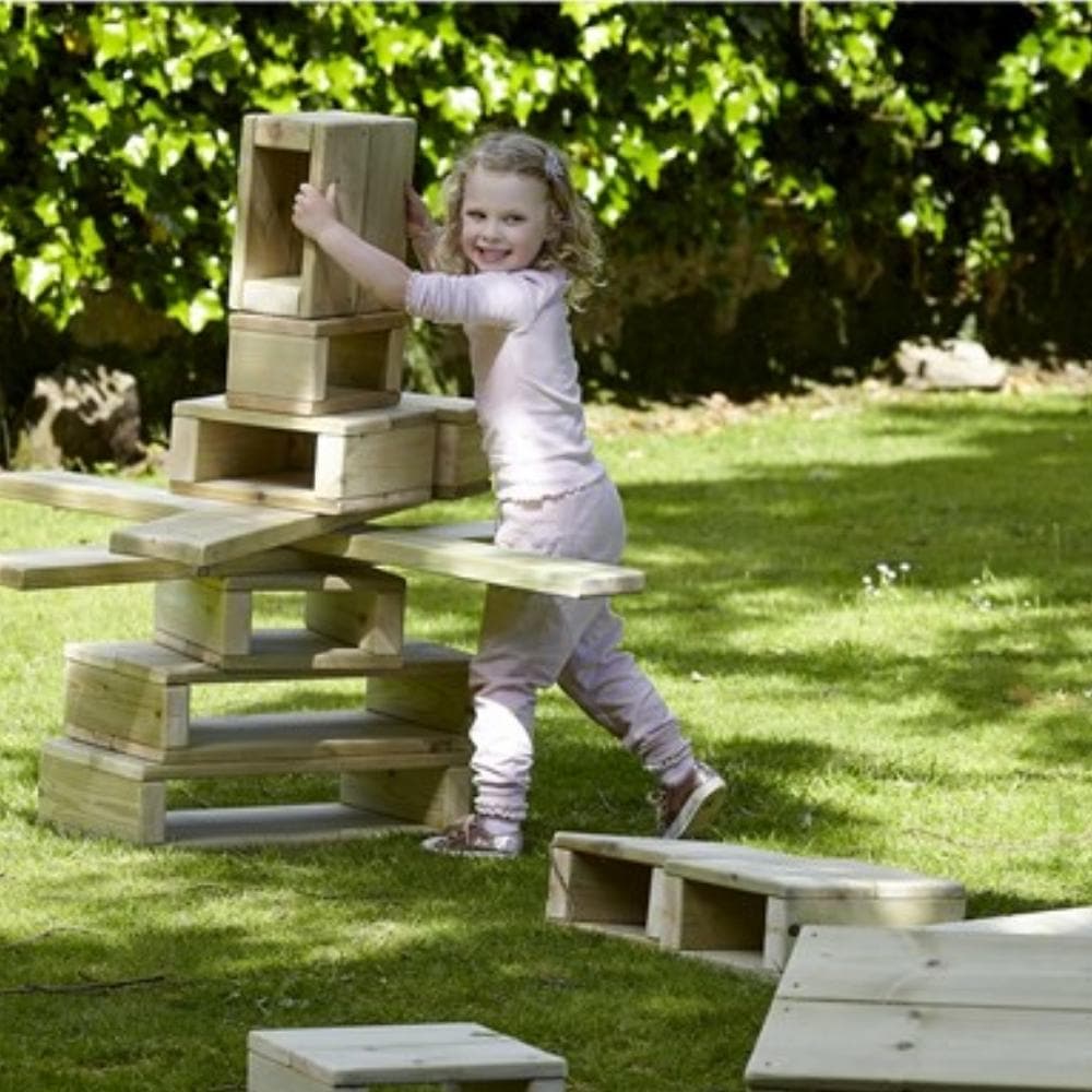 Outdoor Wooden Building Blocks Pack of 22, Children can create a variety of structures with these Outdoor Wooden Building Blocks,the play and learning possibilities are endless! The Outdoor Wooden Building Blocks Pack of 22 are made from Scandinavian Redwood with a smooth finish. Manufactured in the UK. Specially treated timber guaranteed for 10 years. Great for teamwork and problem solving Encourages spatial awareness Supports the development of balance and co-ordination Pack contains: 4 x half squares (L3