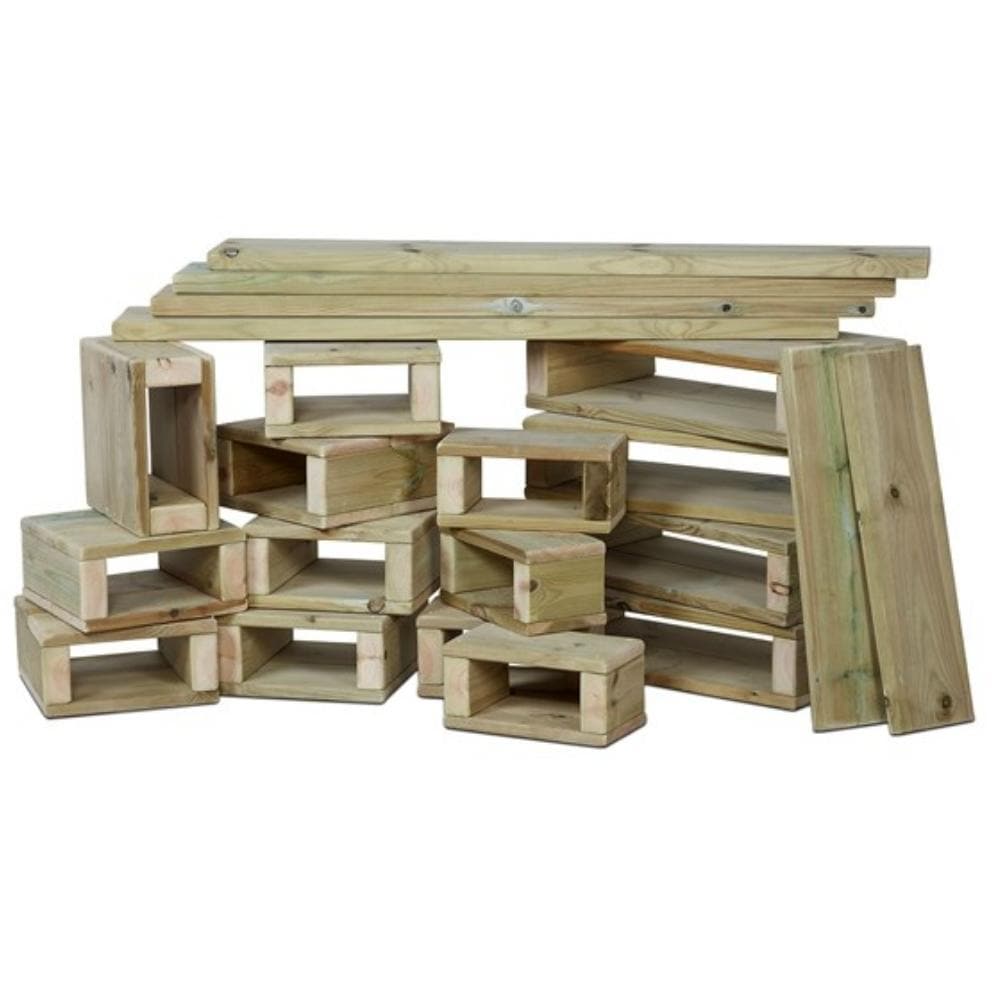 Outdoor Wooden Building Blocks Pack of 22, Children can create a variety of structures with these Outdoor Wooden Building Blocks,the play and learning possibilities are endless! The Outdoor Wooden Building Blocks Pack of 22 are made from Scandinavian Redwood with a smooth finish. Manufactured in the UK. Specially treated timber guaranteed for 10 years. Great for teamwork and problem solving Encourages spatial awareness Supports the development of balance and co-ordination Pack contains: 4 x half squares (L3