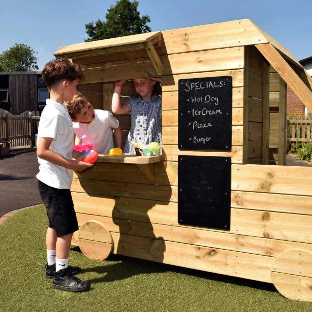 Outdoor Wooden Food Hut, If you are seeking a remarkable resource that will ignite children's imaginations on the playground, the Outdoor Wooden Food Truck is the perfect choice. This versatile resource, inclusive of a mini kitchen and chalkboards both inside and out, offers numerous educational benefits for early years. Whether it becomes a food truck, a caravan, or an ice cream van, its design allows children to explore endless possibilities and engage in imaginative play. The Outdoor Wooden Food Truck is
