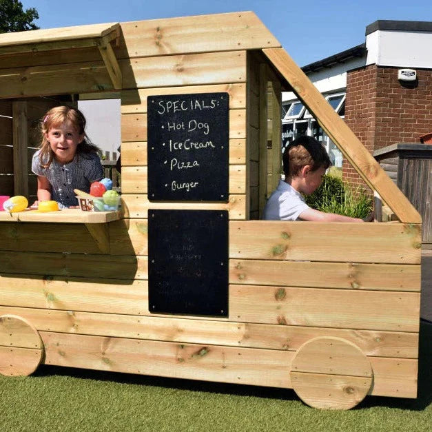 Outdoor Wooden Food Hut, If you are seeking a remarkable resource that will ignite children's imaginations on the playground, the Outdoor Wooden Food Truck is the perfect choice. This versatile resource, inclusive of a mini kitchen and chalkboards both inside and out, offers numerous educational benefits for early years. Whether it becomes a food truck, a caravan, or an ice cream van, its design allows children to explore endless possibilities and engage in imaginative play. The Outdoor Wooden Food Truck is