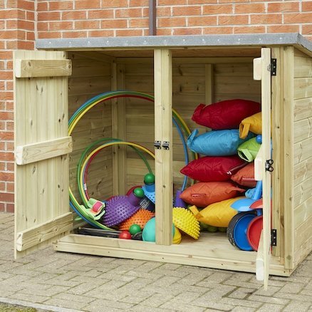 Outdoor Wooden Lockable Storage Cubby, The Outdoor Wooden Lockable Storage Cubby offers a practical solution for storing all your outdoor play equipment. The Outdoor Wooden Lockable Storage Cubby features two fully opening doors with bolts that can be secured with a padlock (not included). Felted roof to protect your items from wet weather. Ideal for storing P. E and gardening equipment, along with trikes and bikes. Made from pre-treated Scandinavian Redwood which is guaranteed against rot and insect infest