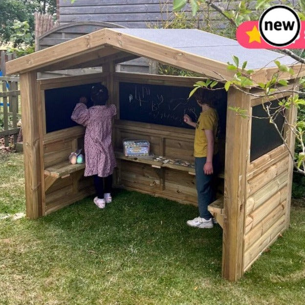 Outdoor Wooden Mark Making Hut, The perfect resource for outdoor learning, Newby Leisure’s Outdoor Mark Making Hut is both educational and fun and ideal for any EYFS setting! Our robust hut offers endless hours of creative fun for primary and nursery children along with enhancing literacy, maths, and art skills as they make marks. Equipped with seating, this resource can be used by multiple children at one time. Designed with social interaction in mind, children can work as part of a team and build communic