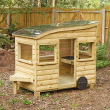 Outdoor Wooden Role Play Caravan in an early-years outdoor play setting