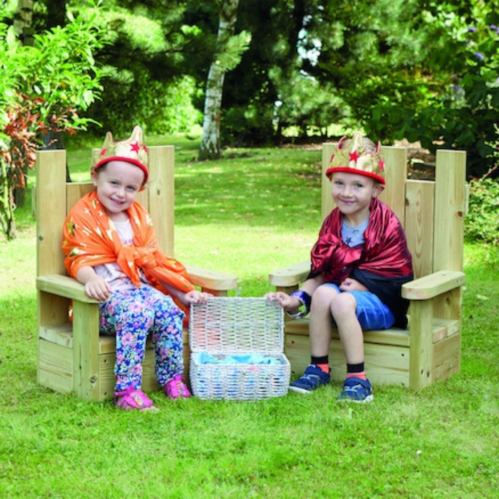 Outdoor Wooden Thrones 2pk, Enhance your outdoor provision with these beautifully crafted Outdoor Wooden Thrones. Delight aspiring kings and queens, princes and princesses. Bring the magic of fairytales to your setting with these stunning Outdoor Wooden Thrones. The Outdoor Wooden Thrones are a great resource for story telling and enhancing imagination. Who do the chairs belong to? How did they get here? Made from Scandinavian Redwood. The wood has a 10 year guarantee against rot and insect damage. Pack siz