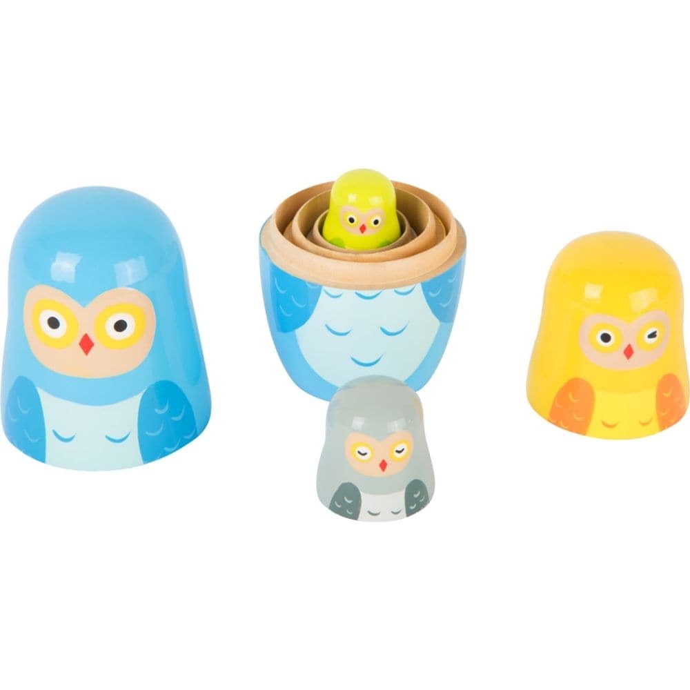 Owl Family Matryoshka, Introducing the Owl Family Matryoshka Nesting Dolls! These stunning dolls feature bright and bold designs that are sure to captivate children of all ages. With their super size, they are perfect to bring along on outings when you need something to keep the little ones entertained.This adorable set includes four lovingly painted Matryoshka figurines, each one depicting a different member of the owl family. The beauty of these nesting dolls lies in their ability to disappear inside the 