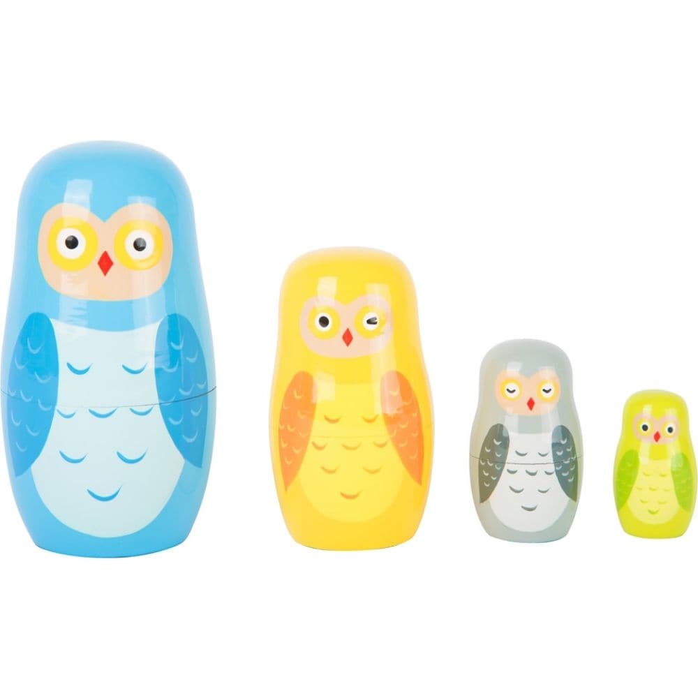 Owl Family Matryoshka, Introducing the Owl Family Matryoshka Nesting Dolls! These stunning dolls feature bright and bold designs that are sure to captivate children of all ages. With their super size, they are perfect to bring along on outings when you need something to keep the little ones entertained.This adorable set includes four lovingly painted Matryoshka figurines, each one depicting a different member of the owl family. The beauty of these nesting dolls lies in their ability to disappear inside the 
