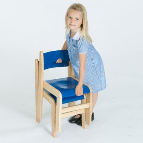 Pack of 2 Tuf Class Wooden Chair Blue - 4-6 years, Robust, high quality, hand crafted solid wood stackable children’s chairs. Coordinate well with our Tuf Class™ Classroom Grouping Table Ranges. A choice of bright primary colour combinations: blue, red & natural wood. Sold in sets of two chairs of one height and supplied in Blue Steam moulded wooden seat ergonomically designed back for optimum posture support and comfort Acrylic scratch resistant multicoated varnish Super strong, glued, screwed and pinned c
