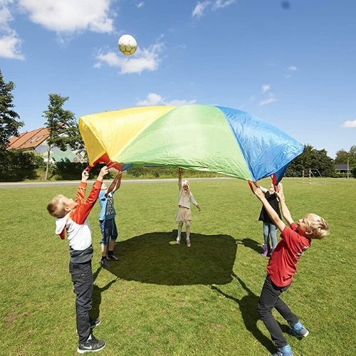 Parachute games 1.75 metre, Parachute play is a novel and fun way of encouraging new skills and development. Playing with the parachute provides exercise for the whole body – for everyone! A wonderful way of developing basic physical coordination. Inspires many types of activities for groups of children or grown-ups. Made of colourful, lightweight, fire-resistant polyester. Very strong handles. The parachutes have a strong 10 mm thick rope sewn into the outer edge, allowing an almost unlimited number of peo