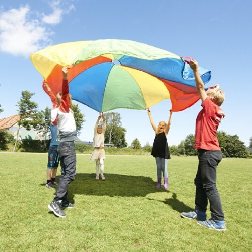 Parachute games 1.75 metre, Parachute play is a novel and fun way of encouraging new skills and development. Playing with the parachute provides exercise for the whole body – for everyone! A wonderful way of developing basic physical coordination. Inspires many types of activities for groups of children or grown-ups. Made of colourful, lightweight, fire-resistant polyester. Very strong handles. The parachutes have a strong 10 mm thick rope sewn into the outer edge, allowing an almost unlimited number of peo