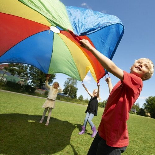 Parachute Games 7 metres, Parachute play is a novel and fun way of encouraging new skills and development. This 7 Metre Parachute is colourful and sometimes calming, it can create soft, whispering sounds, or loud rippling noises, depending on how quickly it is moved. Working together encourages co-operation, trust, communication and social skills. Parachute Games also encourage movement of muscles in the upper body. Games can involve touching the soft parachute fabric, moving or lying beneath or over it, an