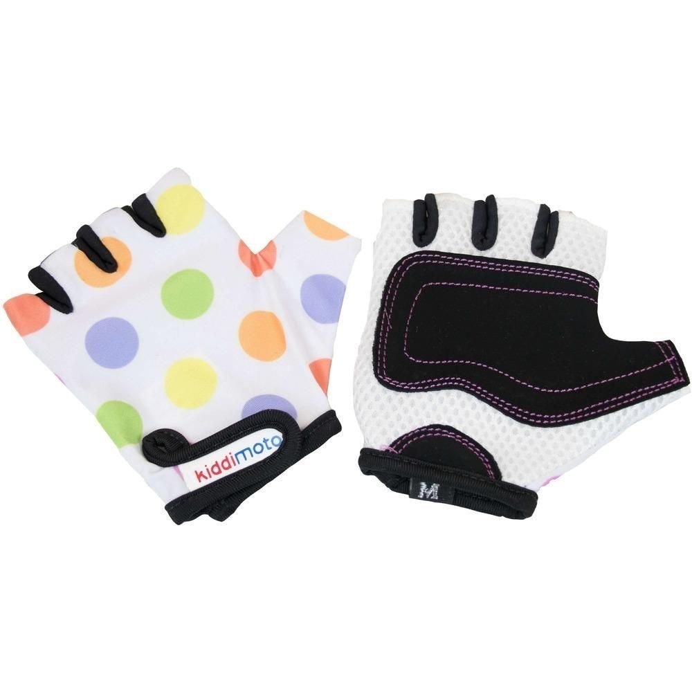 Pastel Dotty Cycling Gloves, Say goodbye to grazed palms with these kids cycling gloves by Kiddimoto. The padded palms ensure your child will stay protected whilst they're out and about on their adventures. The finger-less tips, breathable elastane backed fabric and handy touch fastner wrist straps mean a good grip on the handlebars even with the smallest of hands. The Pastel Dotty Cycling Gloves are also perfect for children in wheelchairs. Age approx. 2 - 5 years, Pastel Dotty Cycling Gloves,Children's wh