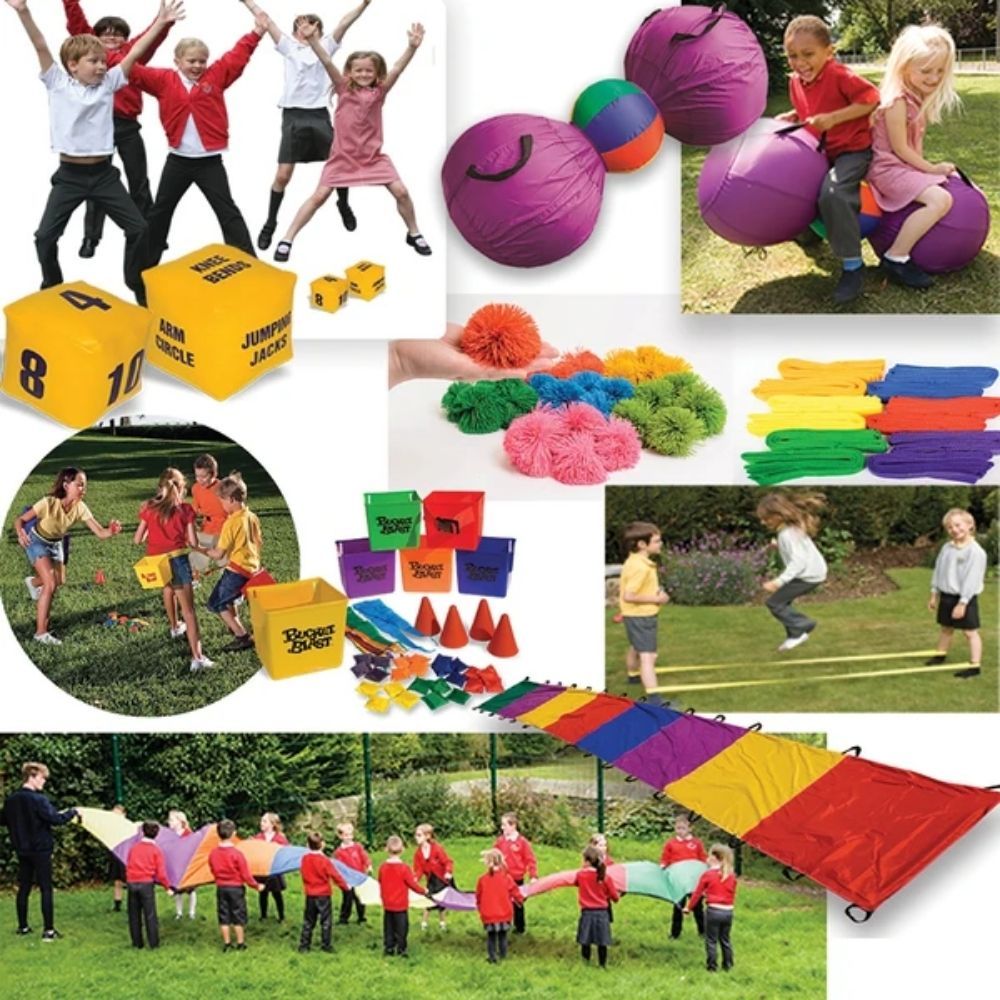 PE in the playground kit, Introducing the ultimate PE in the playground kit designed to help children develop their agility, balance, and coordination while having fun with their friends. Our carefully selected equipment is perfect for getting children active and engaged in physical activities that promote communication, collaboration, and healthy competition. This kit includes a range of exciting equipment that will keep children entertained and active during playtime. The Giant Jump Dumbbell is a fun and 