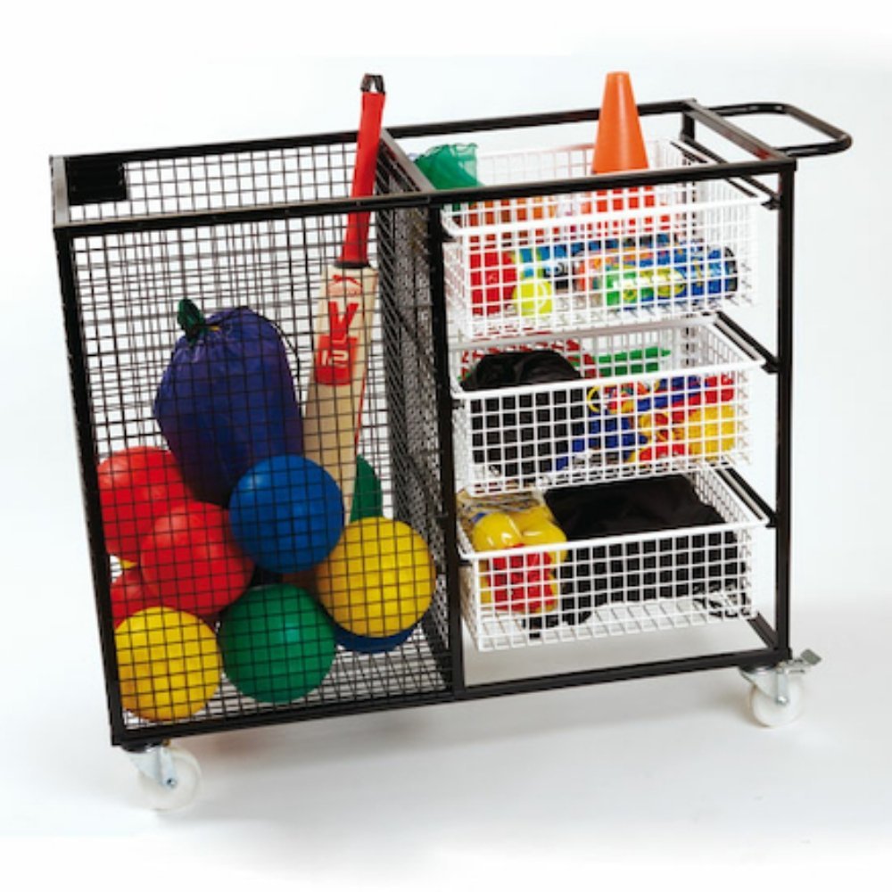 PE Multi Resource Storage Trolley, The PE Multi Resource Storage Trolley comes with one large basket and six small mesh drawers suitable for storing a range of different products. The wheels are large for ease of movement (2 are lockable). The PE Multi Resource Storage Trolley comes with 6 baskets, each is L48 x W33 x D14cm. Ball storage compartment measures H84 x L66 x W53cm. Material:Metal Height:94 cm Length:118 cm Width:72 cm, PE Multi Resource Storage Trolley,outdoor storage for schools,school outdoor 