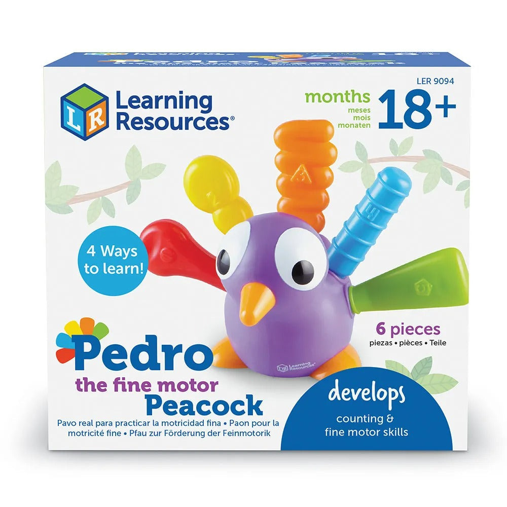 Pedro the Fine Motor Peacock, Fine motor fun never looked so fancy! Kids build the essential fine motor skills they need to succeed in school and beyond every time they play with Pedro the Fine Motor Peacock. The friendliest fine motor toy for toddlers, this fine feathered peacock comes with 5 pinchable, pullable feathers. With push-in, pop-out play, these feathers make it easy for kids to build their hand strength, coordination, and other essentials of fine motor skill development. Pedro's feathers also co