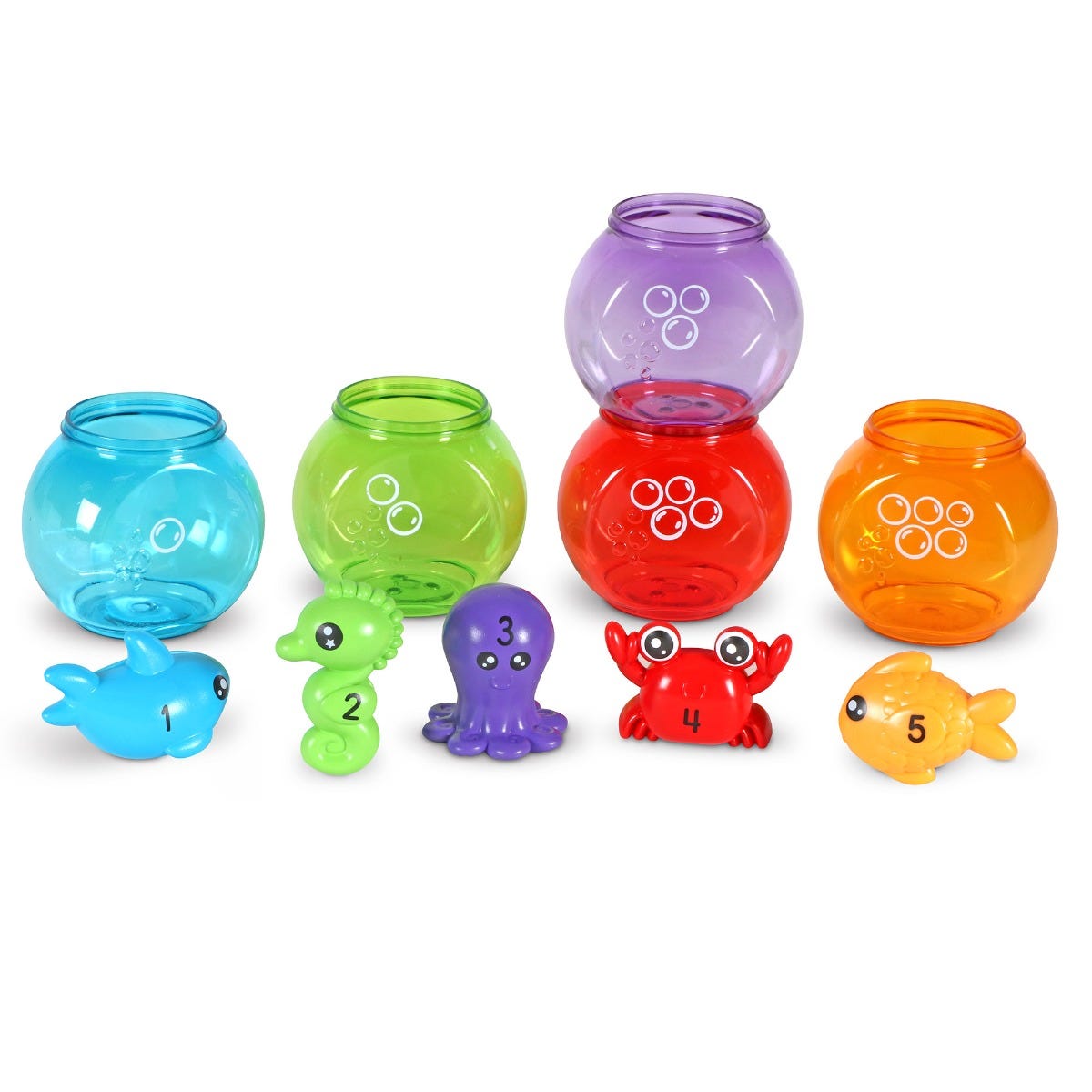 Peekaboo Fishbowl Friends, Introducing the Peekaboo Fishbowl Friends, a set of toddler toys designed to promote early learning in a fun and interactive way. With these friendly sea creatures, little ones can engage in activities that enhance their counting, colors, matching, and fine motor skills.Each Peekaboo Fishbowl Friends set includes five translucent fishbowls, each coming in a different vibrant color. These visually appealing fishbowls immediately catch the attention of young minds. Inside each bowl,