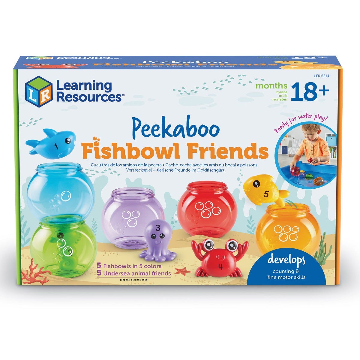 Peekaboo Fishbowl Friends, Introducing the Peekaboo Fishbowl Friends, a set of toddler toys designed to promote early learning in a fun and interactive way. With these friendly sea creatures, little ones can engage in activities that enhance their counting, colors, matching, and fine motor skills.Each Peekaboo Fishbowl Friends set includes five translucent fishbowls, each coming in a different vibrant color. These visually appealing fishbowls immediately catch the attention of young minds. Inside each bowl,