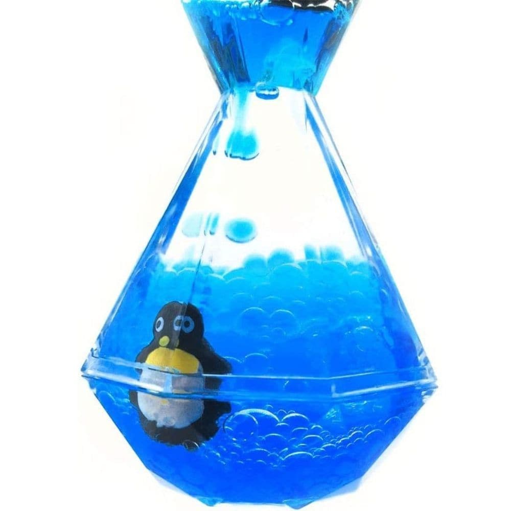 Penguin Liquid Timer, Watch penguins surf on a tide of colourful goo with this cool penguin liquid timer. Simply flip over the diamond shaped penguin liquid liquid timer to make the gloop gradually drip from the top half to the bottom half, with one penguin riding the wave down whilst the other rises up! Once the gooey liquid has completely drained from one side, flip it over and do it again. Hourglass liquid desk toy Blue goo moves from top half to bottom Penguins ride the gloopy waves Flip over to make th