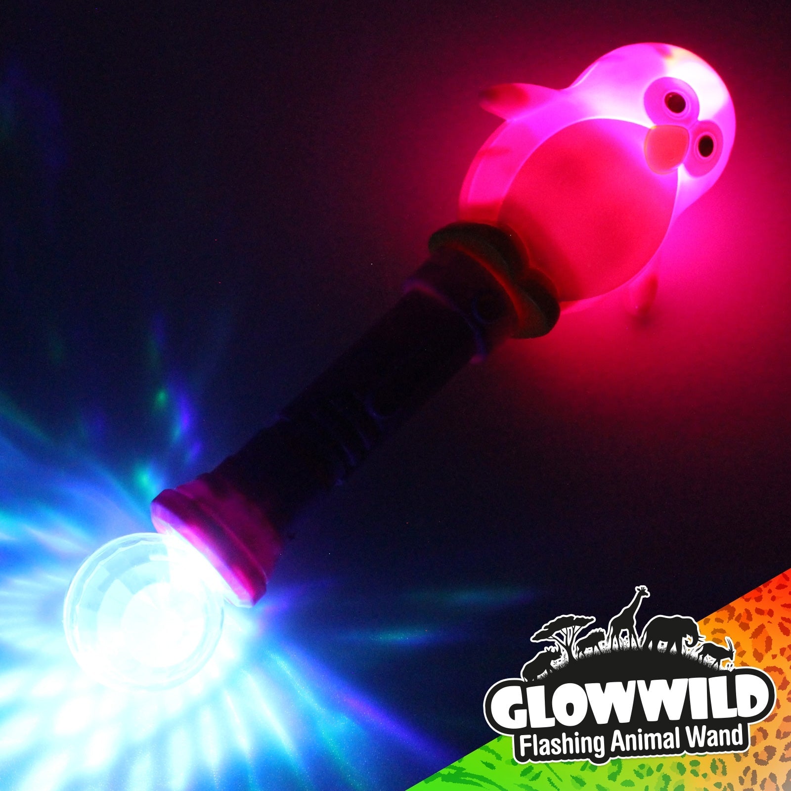 Penguin Mega Light Up Animal Wand 11", The coolest animal wand, this cute Penguin Mega Light Up Animal Wand is packed full of multi coloured, flashing LEDs that cycle through funky colour flash effects! A substantial wand or baton that's topped with a pink or blue penguin and finished at the base with a colourful disco ball, this playful animal wand is a real attention grabber projecting colourful ilght onto surrounding surfaces for funky disco effects! With batteries included, this cool Penguin Mega Light 
