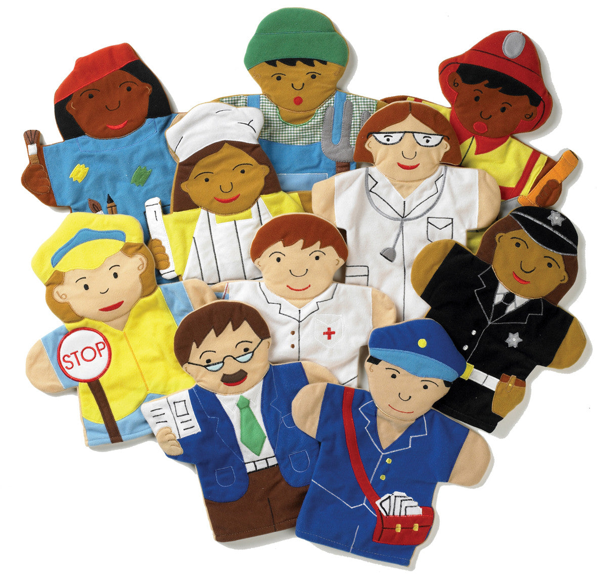 People Who Help Us Hand Puppets pk 10, A set of 10 fabric hand puppets representing people who helps us in the community. Machine washable and can be tumble dried. Beautifully designed fabric hand puppets. Includes teacher, doctor, fire fighter, farmer, etc. Learn about the different roles and create great stories. Pack Size Pack of 10 Dimensions Average size: 25 x 20.5cm, People Who Help Us Hand Puppets pk 10,People who help us puppets,Police puppets,Nurse puppets,role play puppets, 