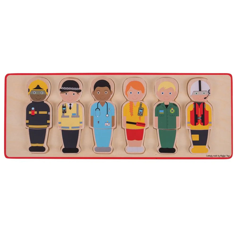 People Who Help Us Puzzle, These emergency professionals are ready to help out across the community! This chunky People Who Help Us Puzzle features 6 emergency workers including a Fire Fighter, Police Officer, Doctor, Life Guard and more! Each figure is made up of three wooden pieces allowing little ones to mix and match the clothes for each worker. Helps children to understand the role of people that help them in life. A great way to develop vocabulary, matching skills and concentration. The People Who Hel