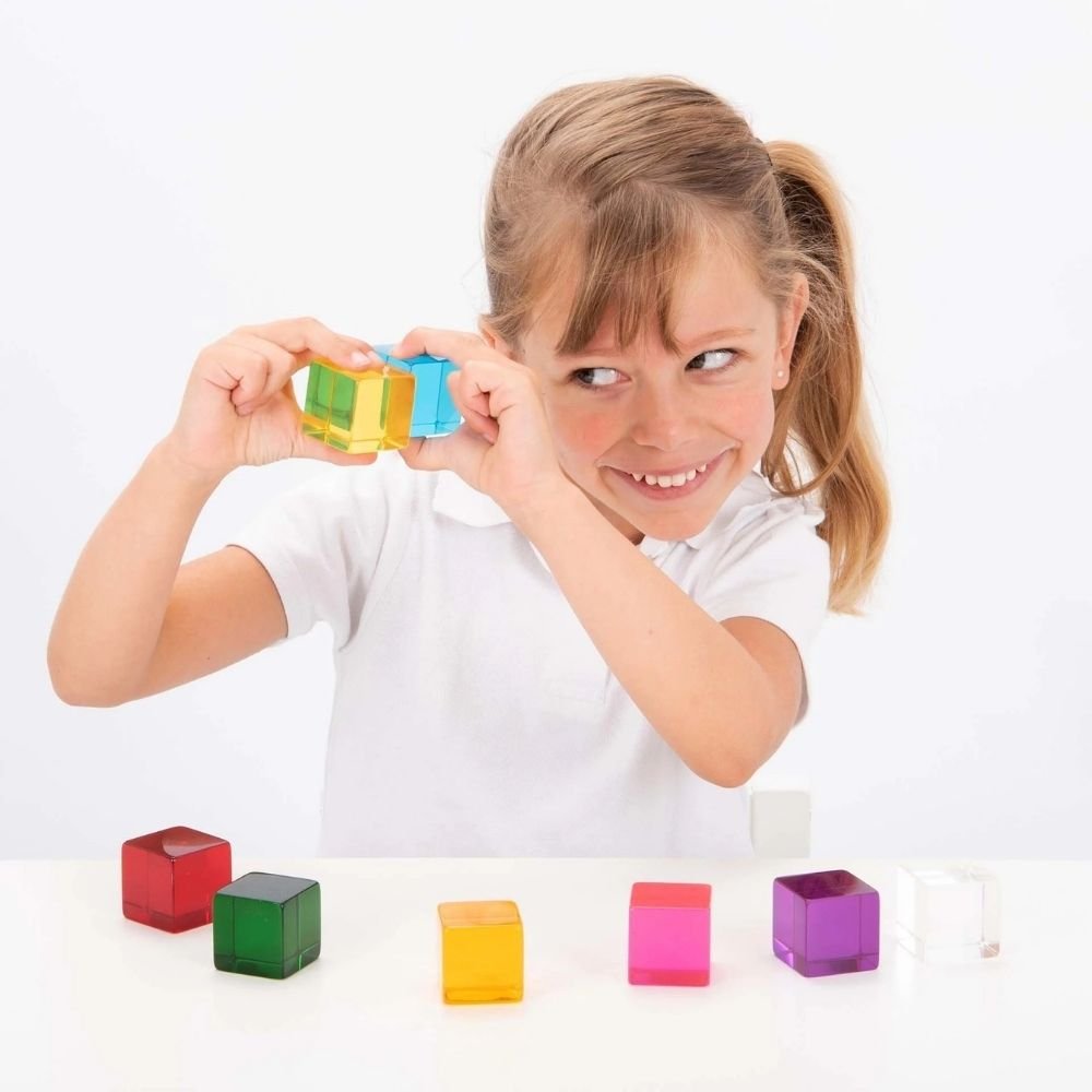 Perception Cubes, The sensory Perception Cubes come in eight different clear colours and feel smooth and inviting to touch. The very youngest children will enjoy handling the Perception Cubes in free sensory play or as part of a treasure basket collection. Older children will find the Perception Cubes fascinating as they hold them up and look through to see the world around them in different colours. Holding two or three Perception Cubes together creates new colours and hues; using the cubes on a light pane