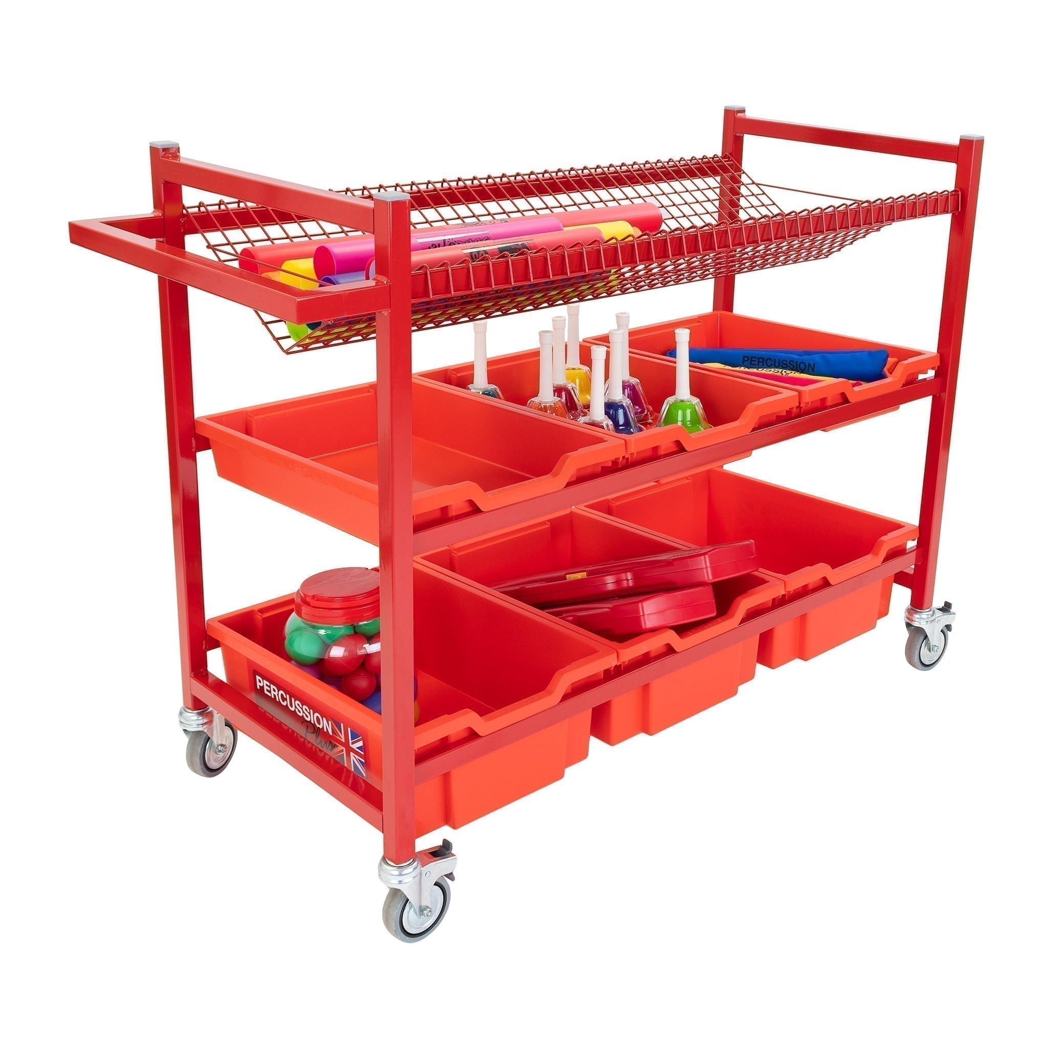 Percussion Plus mobile instrument trolley, Our recently redesigned and upgraded PP1057 storage trolley has 3 levels. Up top there is a V shaped plastic coated wire shelf, the middle contains 3 x Gratnells shallow plastic trays and at the bottom there are 3 x Gratnells deep plastic trays.Metal framed storage is strong and durable making it ideal for use in school classroom and also nursery environments.Percussion Plus storage trolleys are supplied with either mesh or plastic trays or a mix of both and are fu