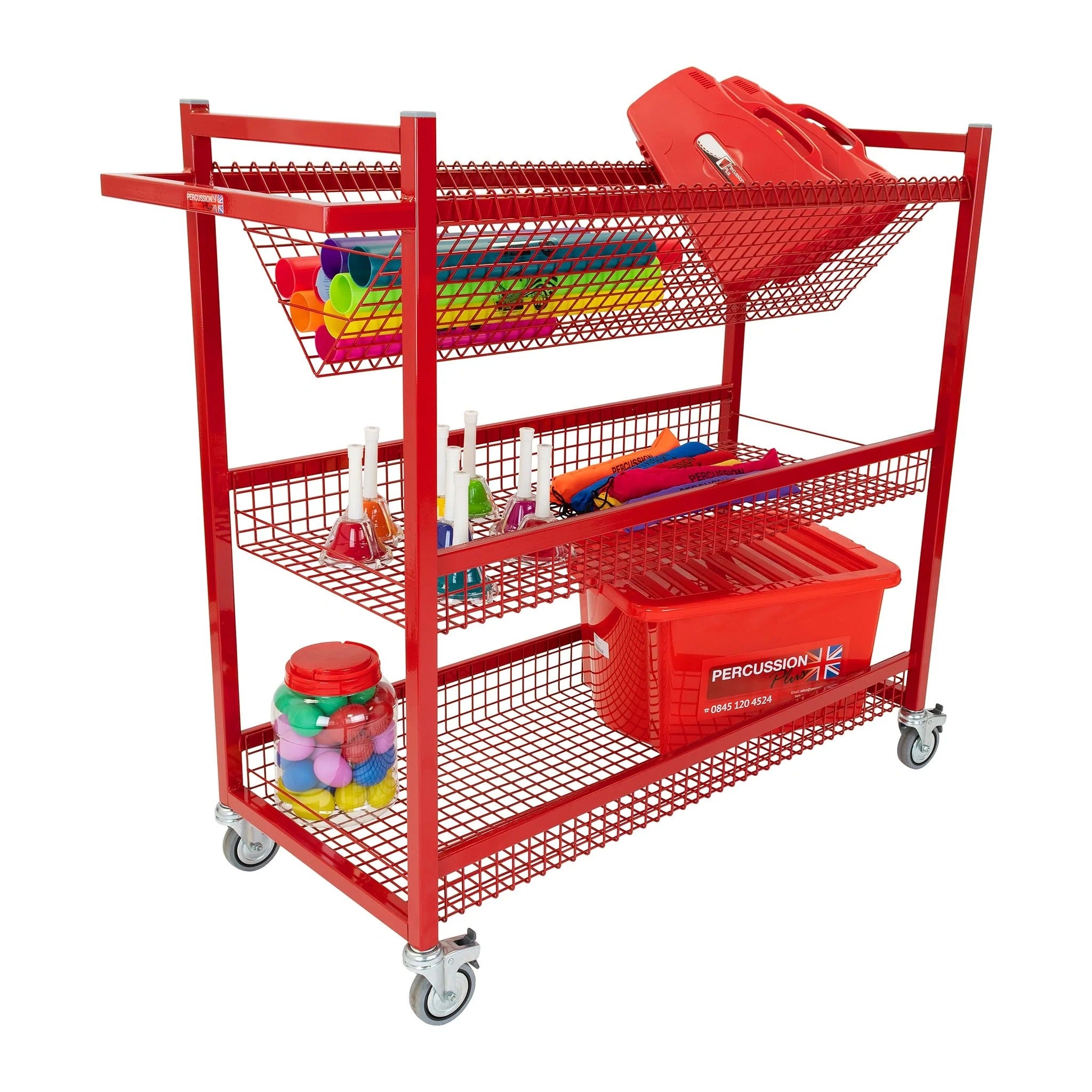 Percussion trolley with wire shelves, The Percussion Plus mobile instrument trolley is the perfect solution to classroom storage. The castors on the bottom allow great mobility and movement around the classroom. With 3 tier wire shelves included, this trolley is supplied fully assembled so there is no need to fiddle around with screws. The construction consists of a durable metal framework finished in a vibrant red. 3 tier wire shelves included A great option for classroom storage Castors for mobility aroun