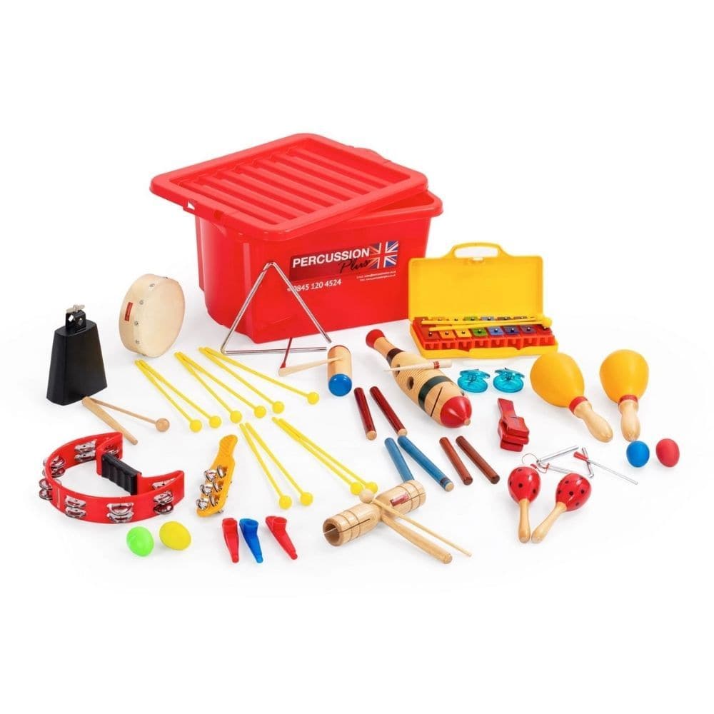 Percussion Workshop 30 player pack, The Percussion Workshop 30 player pack consists of handheld and tuned instruments for up to 30 players. These instruments are fun, inclusive, brightly coloured and all will provide a fun musical activity for any classroom or music group. This Percussion Workshop 30 player pack is ideal for keystages 1 and 2 and comes housed in a smart and sturdy box for storage after use and easy transport. This Percussion Workshop 30 player pack includes: Coloured chime bar set with beat