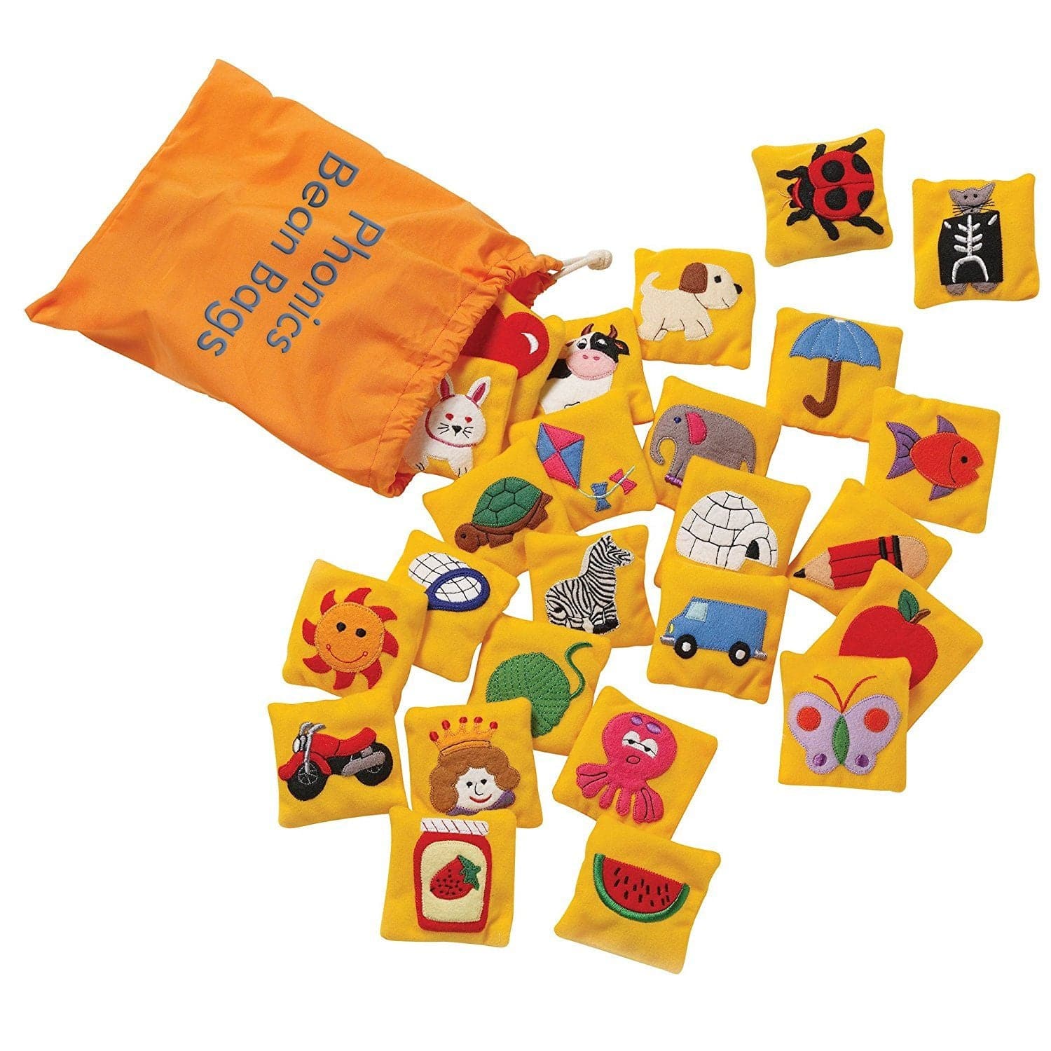 Phonics Bean Bags, These colourful 9cm embroidered Phonics bean bags are a great tactile way to reinforce letters and sounds. Each Phonic bean bag features an appealing picture representing the letter, with special double-sided bean bags for short and long vowel sounds, and the hard and soft sounds of c and g. The Phonic bean bag set Includes cloth storage bag and Activity Guide. Encourage phonic sound recall Each bean bag features a picture that represents a sound 26 embroidered bean bags Includes Activity