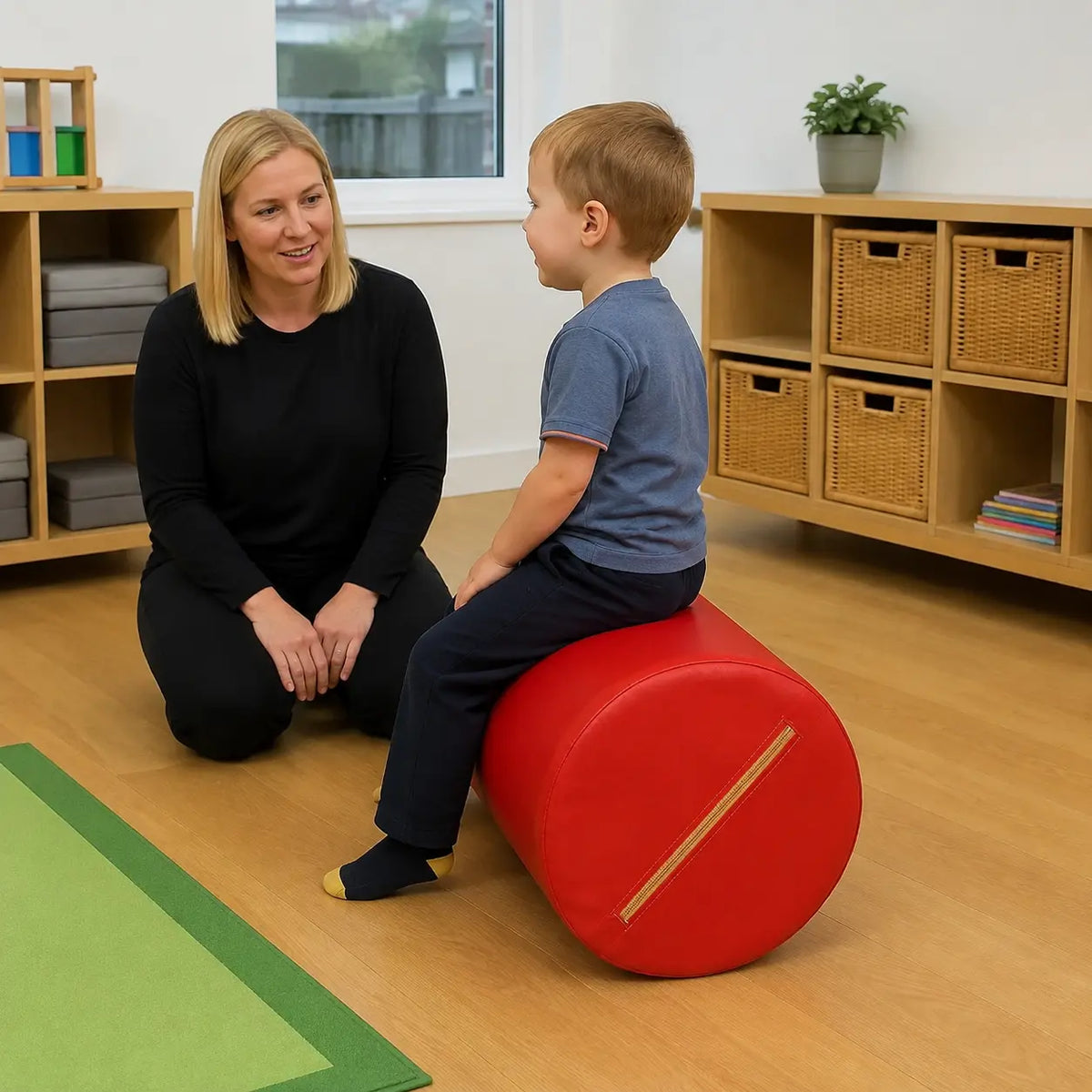 Physio Roll supported sitting in a naturally lit early years nursery